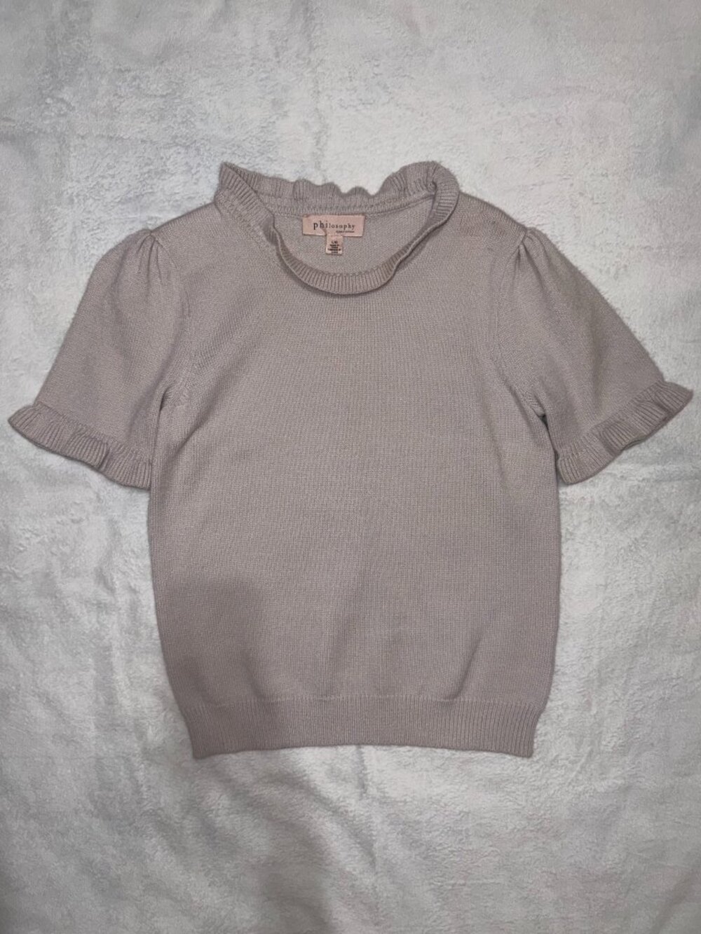 Philosophy Republic Clothing Ruffle Neck Knit Sweater Top Pale Taupe L